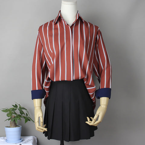 Blouse Limited Turn-down Collar Full Plus Size Autumn New Women's Lapel Striped Shirt Female Hit Color Long-sleeved