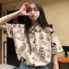 Blouse Women Shirts Turn-down Collar Short Sleeve Printed Retro Single-breasted Loose Harajuku Students Streetwear BF Casual New