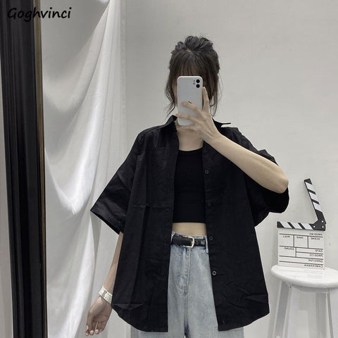 Blouses Shirts Three Quarter Sleeve Women Summer Solid Ulzzang Black Outwear Tops All-match Ins Retro Womens Students