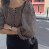 Blouses Women Button Fly Plaid Printed O-neck Shirts Womens Vintage Casual Loose Tops Chic Trendy Gentle Designer Retro Clothing
