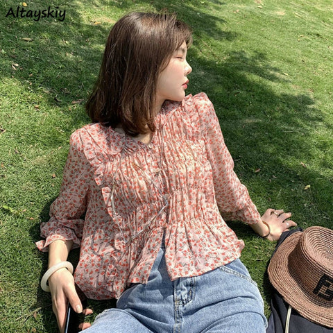Blouses Women Temperament Leisure Floral Summer Spring Feminino Chic Tops Floral Retro All-match V-Neck Woman Shirts Ruffles