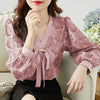 Blouses Women V-neck Bow  Lantern Sleeve Elegant Office Lady Korean Style Loose Casual Trendy Chic Shirts Female Tops