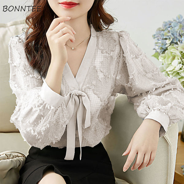 Blouses Women V-neck Bow  Lantern Sleeve Elegant Office Lady Korean Style Loose Casual Trendy Chic Shirts Female Tops