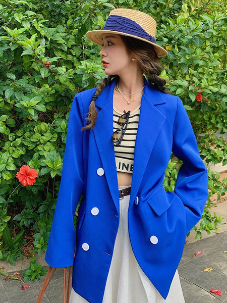 Blue Double Breasted Loose Blazer Jacket 2023 Autumn Women Elegant Chic Korean Style Casual Girl Suit Coat Outerwear 2228