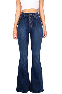 Blue Flare Skinny Denim Jeans Women High Waist Buttons Plus Size Pants Trousers Full Length Butt Lifting Casual Fashion Jeans