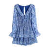 Blue Floral Print Chiffon Playsuit V Neck Long Sleeve Hollow Out Waist Cascading Ruffles Sexy Mini Dresses Summer Robe