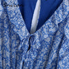 Blue Floral Print Chiffon Playsuit V Neck Long Sleeve Hollow Out Waist Cascading Ruffles Sexy Mini Dresses Summer Robe