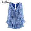 Blue Floral Print Chiffon Playsuit V Neck Long Sleeve Hollow Out Waist Cascading Ruffles Sexy Mini Dresses Summer Robe