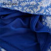 Blue Floral Print Chiffon Playsuit V Neck Long Sleeve Hollow Out Waist Cascading Ruffles Sexy Mini Dresses Summer Robe