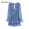 Blue Floral Print Chiffon Playsuit V Neck Long Sleeve Hollow Out Waist Cascading Ruffles Sexy Mini Dresses Summer Robe