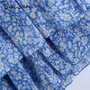 Blue Floral Print Chiffon Playsuit V Neck Long Sleeve Hollow Out Waist Cascading Ruffles Sexy Mini Dresses Summer Robe