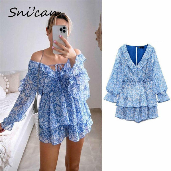 Blue Floral Print Chiffon Playsuit V Neck Long Sleeve Hollow Out Waist Cascading Ruffles Sexy Mini Dresses Summer Robe