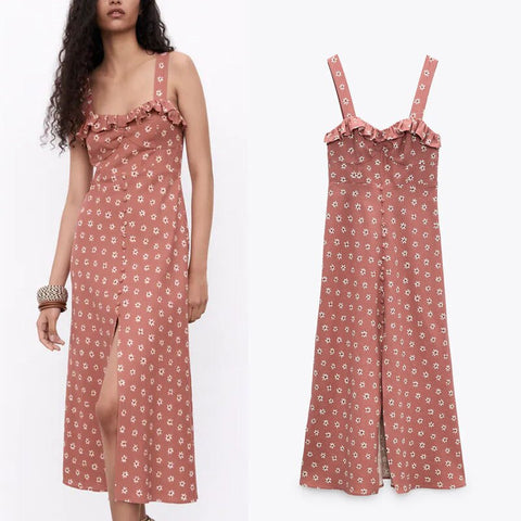 Blue Floral Print Midi Dress Za 2022 Ruffled V-neck Elastic Back dress False Button Front Slit Long Dresses Women Party Wedding