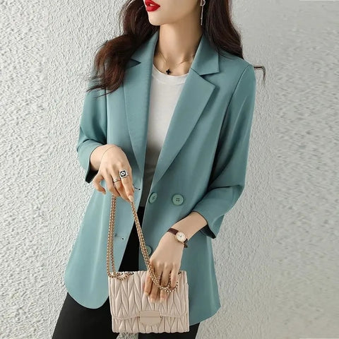 Blue-Green Women Blazer Suit Thin Chiffon 2023 Spring and Summer Korean Simple Loose Casual White Black Small Suit