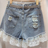 Blue Lace Denim Shorts For Women Summer Female High Waist Zipper Fly Appliques Slim Casual Plus Size Hole Jeans Shorts 2022