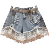 Blue Lace Denim Shorts For Women Summer Female High Waist Zipper Fly Appliques Slim Casual Plus Size Hole Jeans Shorts 2022