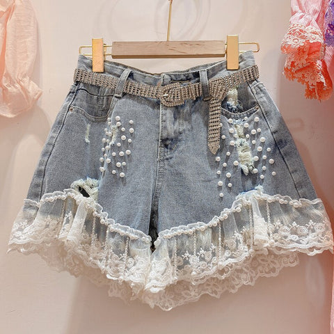 Blue Lace Denim Shorts For Women Summer Female High Waist Zipper Fly Appliques Slim Casual Plus Size Hole Jeans Shorts 2022