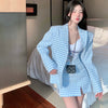 Blue Plaid Suit Women Autumn Slim Blazer Split Skirt Suits Casual Chic Cute Outfits