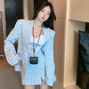 Blue Plaid Suit Women Autumn Slim Blazer Split Skirt Suits Casual Chic Cute Outfits
