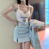 Blue Plaid Suit Women Autumn Slim Blazer Split Skirt Suits Casual Chic Cute Outfits