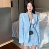 Blue Plaid Suit Women Autumn Slim Blazer Split Skirt Suits Casual Chic Cute Outfits