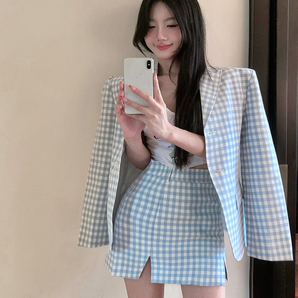 Blue Plaid Suit Women Autumn Slim Blazer Split Skirt Suits Casual Chic Cute Outfits