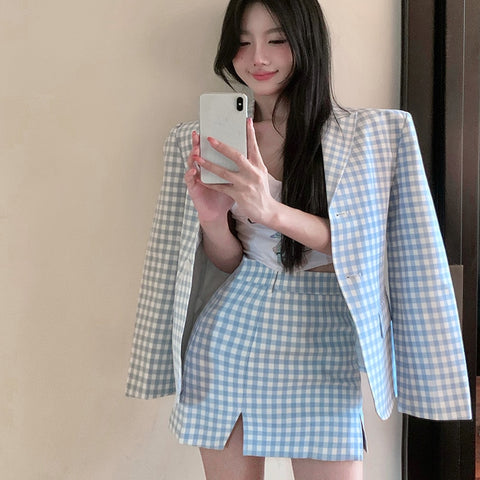 Blue Plaid Suit Women Autumn Slim Blazer Split Skirt Suits Casual Chic Cute Outfits