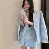 Blue Plaid Suit Women Autumn Slim Blazer Split Skirt Suits Casual Chic Cute Outfits