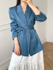 Blue Satin Blazer for Women Thin Summer 2022 Casual Belted Loose Fitting Long Sleeve Suit Jacket Bleizer De Mujer