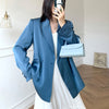 Blue Satin Blazer for Women Thin Summer 2022 Casual Belted Loose Fitting Long Sleeve Suit Jacket Bleizer De Mujer