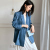 Blue Satin Blazer for Women Thin Summer 2022 Casual Belted Loose Fitting Long Sleeve Suit Jacket Bleizer De Mujer