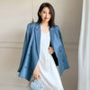 Blue Satin Blazer for Women Thin Summer 2022 Casual Belted Loose Fitting Long Sleeve Suit Jacket Bleizer De Mujer