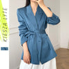 Blue Satin Blazer for Women Thin Summer 2022 Casual Belted Loose Fitting Long Sleeve Suit Jacket Bleizer De Mujer