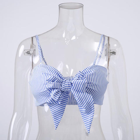 Blue Striped Bow Sleeveless Strap Crop Tops Retro Strappy Bra Sexy Party Girls Top Summer Women Elegant Backless Camis