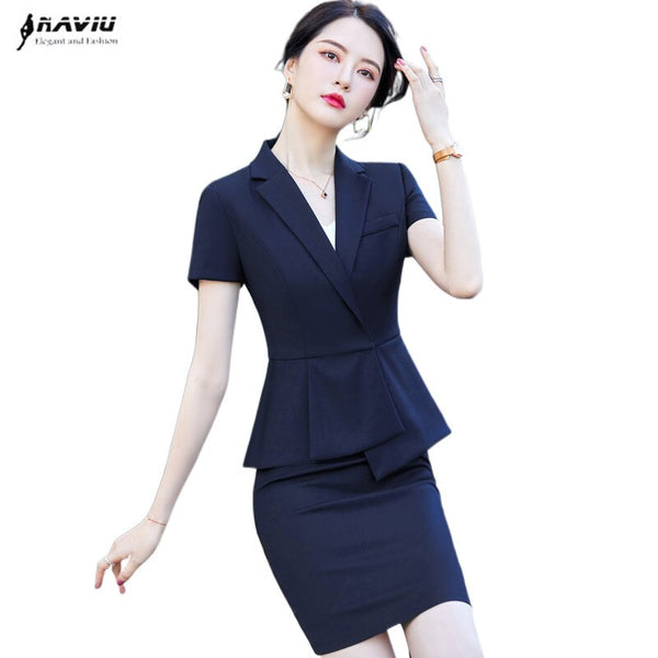 Blue Suits Women Summer Thin High End Professional Temperament Short Sleeve Slim Blazer And Skirt Office Ladies Work Wear