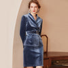 Blue Velvet Skirt Suit Elegant  Designer Autumn Winter Slim Fit Blazer Jacket Belted Skirt 2 Piece Set Clothing