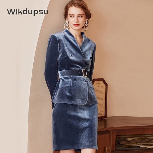 Blue Velvet Skirt Suit Elegant  Designer Autumn Winter Slim Fit Blazer Jacket Belted Skirt 2 Piece Set Clothing