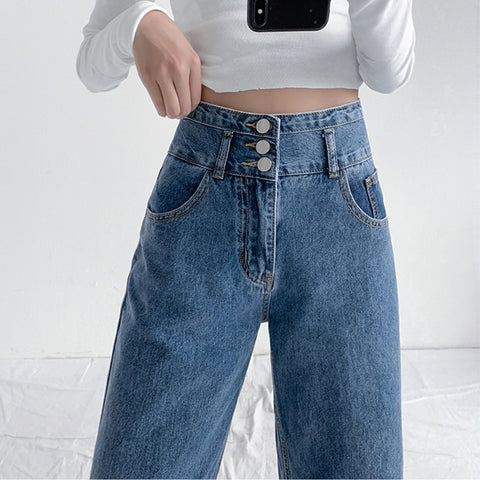 Blue Vintage Women Jeans High Waist Straight Cotton Loose Wide Leg Denim Pants 90s Aesthetic Urban  Baggy Streetwear