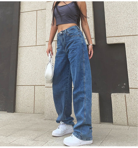 Blue jeans women's retro streetwear pants plus size clothing high waist jeans loose straight-leg pants mom jeans