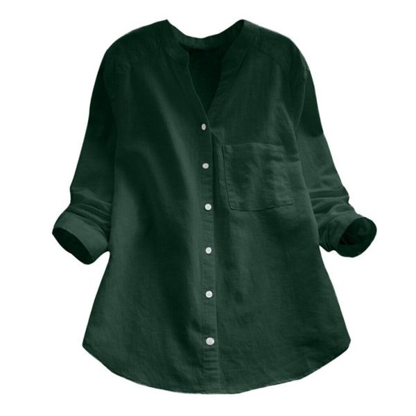 Blus dan Kemeja Lengan Panjang Solid Kasual Linen Katun Kancing Wanita untuk Wanita Jumper Ukuran Besar Longgar Warna Polos
