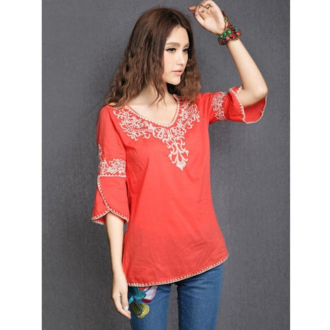 Blusas Femininas New Women Cotton 3/4 Sleeve Vintage Ethnic Totem Pattern Embroidered Bordered Ladylike Tops Blouse Shirts
