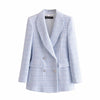 Bmissingyou Light Blue Textured Casual Suit Blazer 2023 Fall Double Breasted Slim Fit Ladies Long Sleeve Blazer Outfits