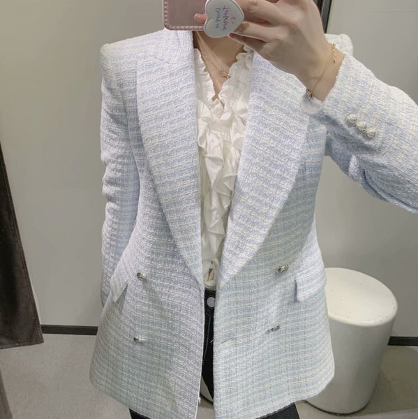 Bmissingyou Light Blue Textured Casual Suit Blazer 2023 Fall Double Breasted Slim Fit Ladies Long Sleeve Blazer Outfits