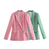 Bmissingyou Pink Green Plaid Ladies Blazer Long Sleeve Double Breasted Slim Fit Office Jacket with Pockets Chic Women Outwear