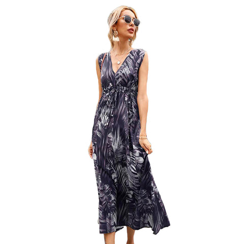 Bohemia Floral Long Dress Summer Sexy Deep V Sleeveless Beach Party Dress Women Dress Lady Irregular Bandage Maxi Dress Vestidos