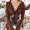 Bohemia Front Tie Blouse Women Flare Long Sleeves Ribbons Casual Sexy Crop Top IG Sexy Cropped Tee Resort Wear Boho Autumn Shirt