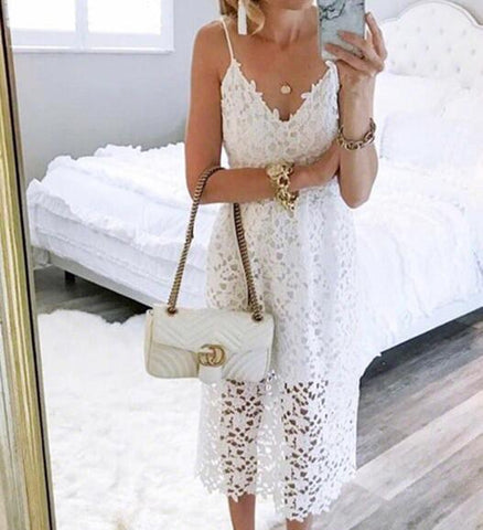 Bohemiah Lace Dress Summer Women Elegant Fit and Flare White Party Beach Dresses Long Spaghetti Dress Z0011