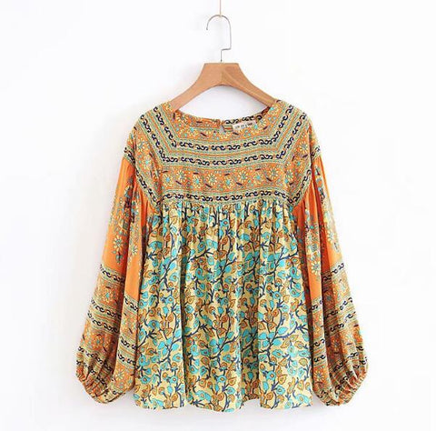 Bohemian Contrast Color Floral Paisley Print Pullover Shirt Ethnic Women O neck Long Lantern Sleeve Pullover Blouse Casual Tops