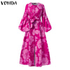 Bohemian Dress VONDA 2023 Spring Women Long Lantern Sleeve Maxi Dresses Pleated Printed Baggy Bow Party Beach Vestidos Oversized