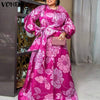 Bohemian Dress VONDA 2023 Spring Women Long Lantern Sleeve Maxi Dresses Pleated Printed Baggy Bow Party Beach Vestidos Oversized